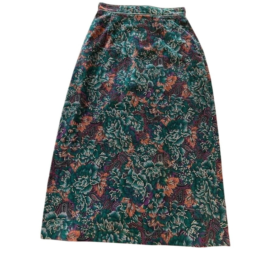 Vintage Vino de Casa Floral Velvet Maxi Skirt XXS Teal Midi 3‎ Cottagecore